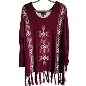 Active Designed in Los Angeles Poncho Sweater M/L‎ Red Aztec Fringe Southwest